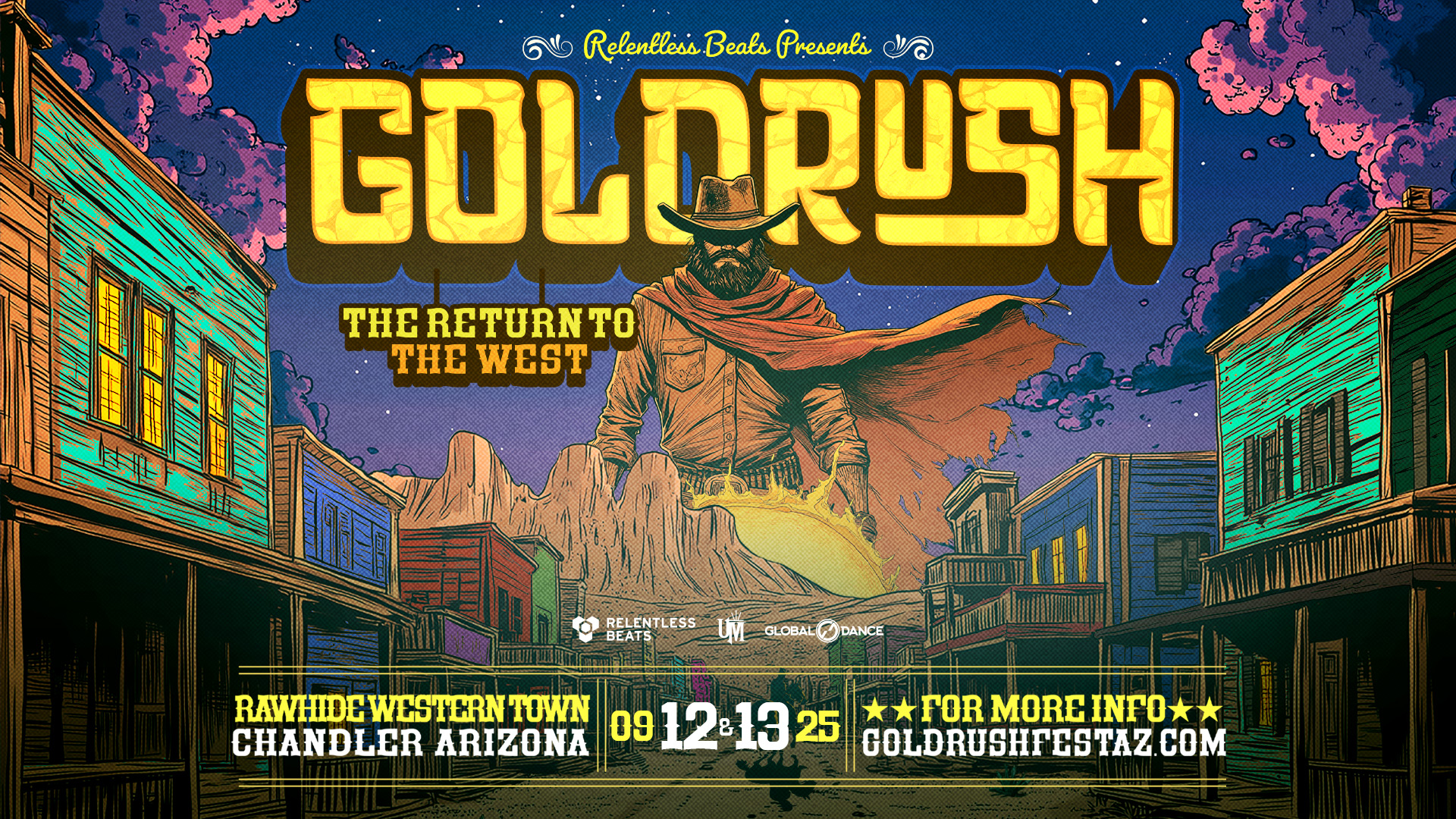 goldrush poster, including dates, corpes looking cowboy and desert town