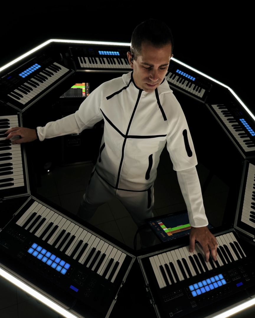 Octagon surrounded by eight MIDI keyboards