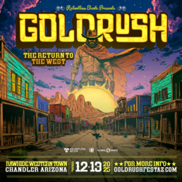 goldrush poster, including dates, corpes looking cowboy and desert town