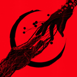 Two black hands touching across a red background