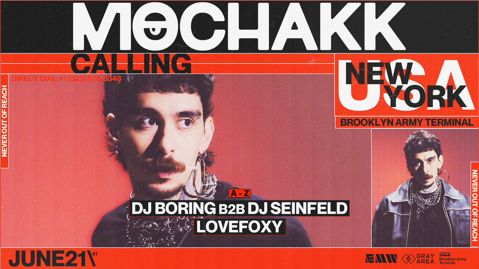 mochak calling: NYC flyer with a opicture of mochakk on the front upon a red background