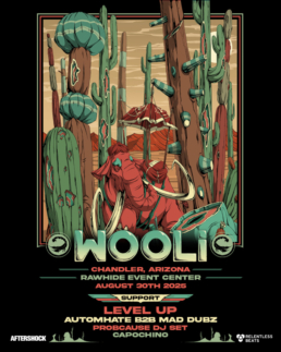 a poster of WOOLI'S event with a mammoth on it