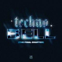 chrome lettering with a blueish tint upon a black background