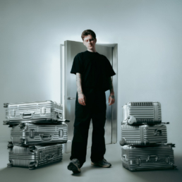 Tisoki standing amist a bunch of steal looking breif cases