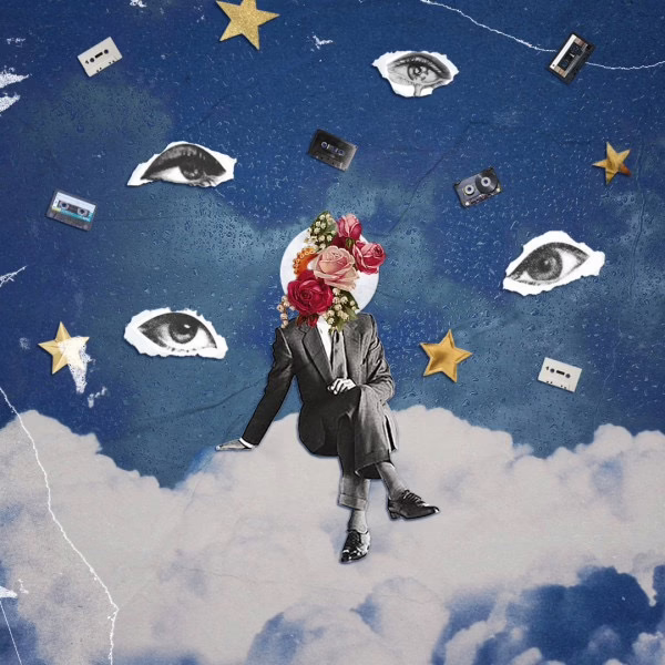 Cover art a cut out body sititng in the clouds surrounded by cassate tapes