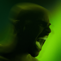 Legacy cover art, a man screaming all blurry with a green background