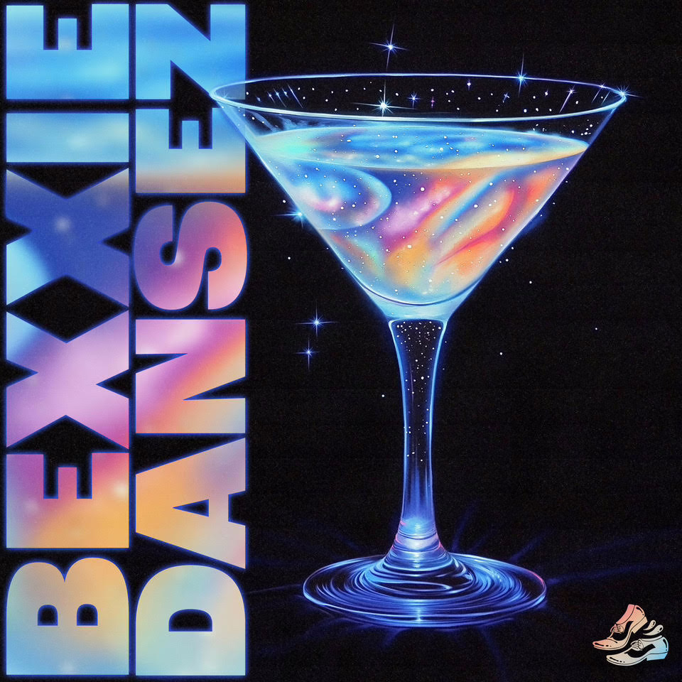 a glaxy looking martini glass upon a black background