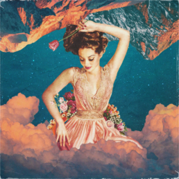 an old school pin up girl in the clouds with a tentacle in the background