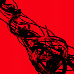 Entangled cover art a red background with twisting barbed wired through it