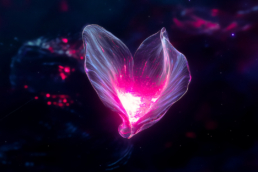a weird looking pink flower upon a black background