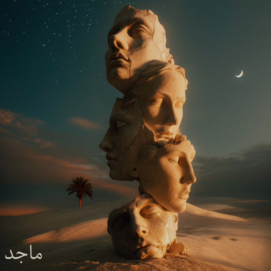 these werid looking statue faces stacked on top of each other in the desert