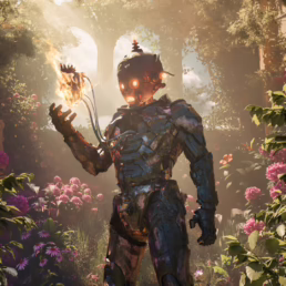 A robot holding a heart in his hand.