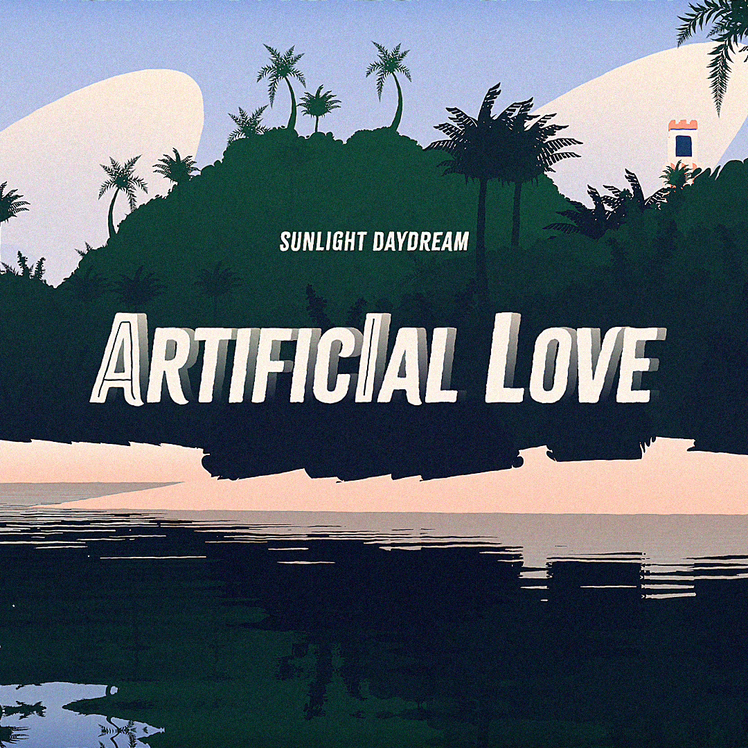 an animated island and water below