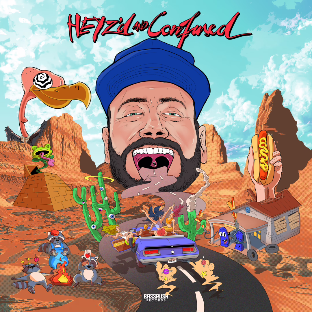 a giant heyz face eating the pavement as a car approaches