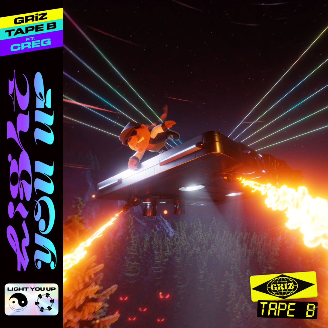 a bear flying through the woods on top of speaker with flames coming from it